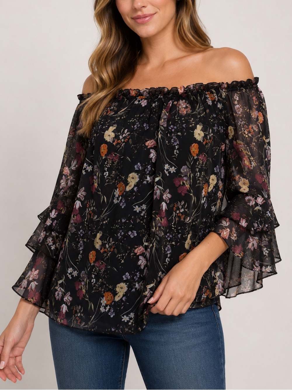 Bella Amore Made in Italy Silk Blend Floral Off Shoulder Boho Blouse Size M